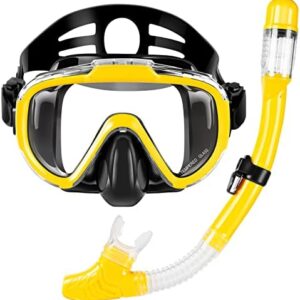 Snorkel Set, Zipoute Snorkel Dry Top Snorkeling Gear for Adults, Panoramic Anti-Leak and Anti-Fog Tempered Glass Lens, Adults Adjustable Snorkeling Set, Scuba Diving Swimming Training Snorkel Kit