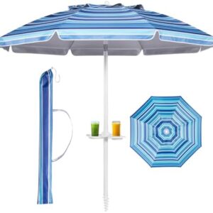 Aoxun 6.5ft Beach Umbrella with Tray and Tilt Pole Portable Patio Umbrella with Sand Anchor and Carry Bag Outdoor UPF 50+ Sun Shelter with Air Vents Design (Navy Blue)
