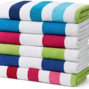 Ben Kaufman Cabana Stripe Beach & Pool Towel - Large Cotton Terry Beach Towel - Soft & Absorbant - Assorted Colors - 30" x 60" - 6 Pack