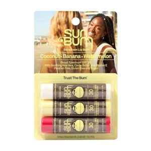 Sun Bum SPF 30 Sunscreen Lip Balm 3 Flavor Variety Pack - Coconut, Banana, Watermelon - Moisturizing Aloe Vera and Vitamin E - Vegan and Cruelty Free - UVA/UVB Lip Protection - 0.45 oz , 3 ct