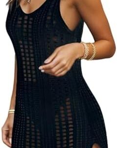 Swimsuit Coverup for Women Bathing Suit Cover ups Crochet Beach Tank Dress Hollow Out Slit Bikini Cover Up Sleeveless Dresses