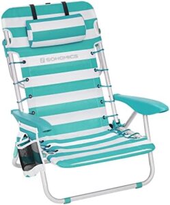 SONGMICS Portable Backpack Beach Chair, 331 lb Capacity, 4 Angles Adjustable Backrest, 2 Side Pockets, Towel Bar, Green and White UGCB62JW