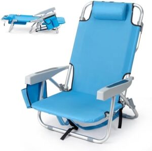 Outvita Backpack Beach Chair, 5 Level Adjustable Positions Beach Chair with Back Storage Bag, Cooler Pouch and Side Bags for Beach Poolside Lawn