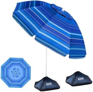 OutdoorMaster Beach Umbrellas for Sand with Sandbag & Anchor, 6.5ft Adjustable Umbrella for Beach Heavy Duty Wind, Portable UPF50+ Sunshade with Carry Bag for Patio, Dark Blue Striped