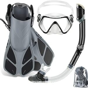 ZEEPORTE Mask Fin Snorkel Set, Travel Size Snorkeling Gear for Adults with Panoramic View Anti-Fog Mask, Trek Fins, Dry Top Snorkel and Gear Bag for Swimming Training, Snorkeling Kit Diving Packages