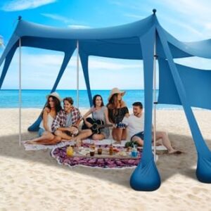 Beach Tent Sun Shelter & Portable Beach Canopy UPF80+ Uv Protection, Beach Shade Canopy/Cabana with 8 Sandbags, 4 Stability Poles, Sand Shovel Ground Pegs for Outdoor Camping(10x10ft, Navy Blue)