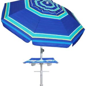AMMSUN 7ft Heavy Duty High Wind Beach Umbrella with sand anchor, Built-in Table Tray Vent Tilt Pole, UPF 50+ Windproof Portable Outdoor Umbrellas Carry Bag for Patio Garden Pool Backyard stripe
