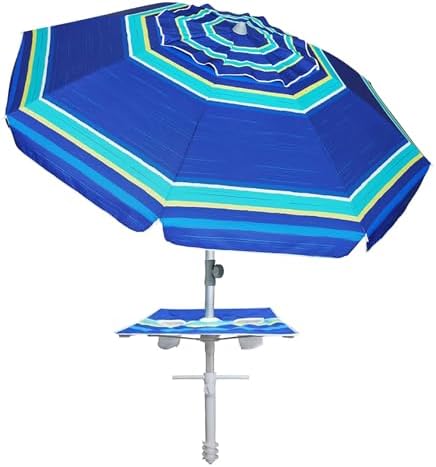 AMMSUN 7ft Heavy Duty High Wind Beach Umbrella with sand anchor, Built-in Table Tray Vent Tilt Pole, UPF 50+ Windproof Portable Outdoor Umbrellas Carry Bag for Patio Garden Pool Backyard stripe