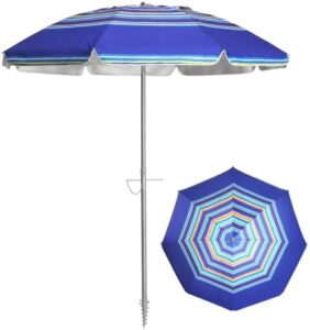 7ft Beach Umbrella with Sand Anchor & Tilt, UPF 50+ Protection Beach Umbrellas for Sand, Beach Umbrellas for Heavy Duty Wind Portable with Carry Bag, for Patio Garden Pool, Dark Blue Stripes（Random pattern）