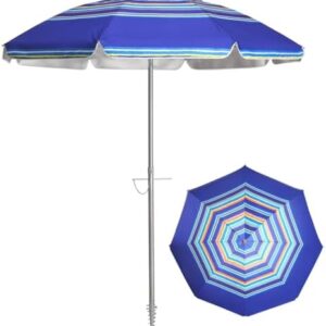 7ft Beach Umbrella with Sand Anchor & Tilt, UPF 50+ Protection Beach Umbrellas for Sand, Beach Umbrellas for Heavy Duty Wind Portable with Carry Bag, for Patio Garden Pool, Dark Blue Stripes（Random pattern）