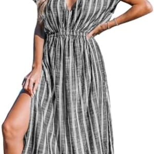 CUPSHE Women Beach Cover Up V Neck Short Sleeve Striped Midi Swimsuit Coverup Dress XS-XXL