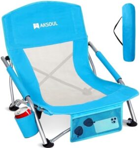 AKSOUL Folding Beach Chair for Adults: Low/High Back Chairs with Carry Bag - Extra Wide Seat Chair with Comfortable Pillow & Storage Pocket (1 Pack & 2 Pack, Blue)