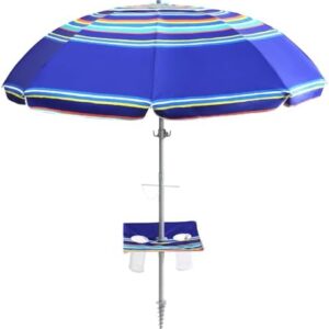 7ft Beach Umbrella featuring a built-in table with Sand Anchor & Tilt, UPF 50+ Protection Beach Umbrellas for Sand, Umbrellas for Heavy Duty Wind Portable with Carry Bag, Dark Blue Stripes（Random pattern）