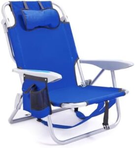 Portable Beach Chair for Adults, Outdoor Camping Chair Lay Flat Folding Backpack Beach Reclining Chair with 5 Positions, Headrest, Zipper Pouch, Cup Holder, Blue