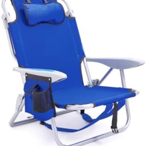 Portable Beach Chair for Adults, Outdoor Camping Chair Lay Flat Folding Backpack Beach Reclining Chair with 5 Positions, Headrest, Zipper Pouch, Cup Holder, Blue