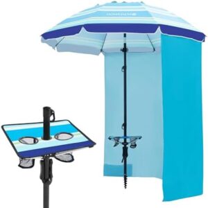 HOMEDEMO Heavy Duty High Wind Beach Umbrella with Sand Anchor,Built-in Table Tray & Tilt Pole&Hook& Curtain, UPF 50+ Windproof Portable Beach Umbrella for Patio Garden Pool Backyard