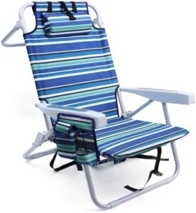 Beach Chairs for Adults Heavy Duty, Compact Portable Lay Flat Folding Chair with Backpack Straps and Large Cooler Pouch, Support to 350LBS (Stripes_Blue&Cyan)