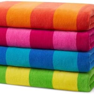 Kaufman - Soft Oversized Beach Towels in Bulk | 29" x 58" Velour Striped Towel | Absorbent, Quick-Drying | 100% Cotton Thick Towels (4 Pack)