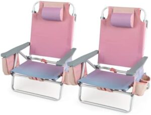 Tangkula Set of 2 Backpack Beach Chair, 5-Position Lay Flat Beach Chairs with Cooler Bag, 2 Cup Holders, Towel Bar, Lightweight Folding Beach Chair with Backpack Straps