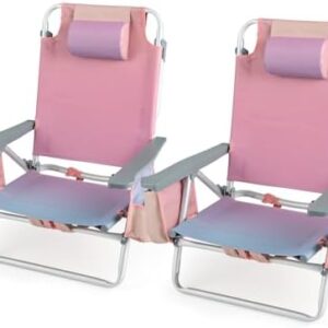 Tangkula Set of 2 Backpack Beach Chair, 5-Position Lay Flat Beach Chairs with Cooler Bag, 2 Cup Holders, Towel Bar, Lightweight Folding Beach Chair with Backpack Straps