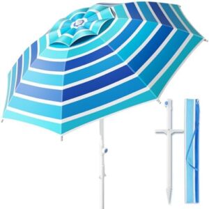 8FT Large Beach Umbrella with Heavy Duty Sand Anchor & Tilt Sun Shelter, Wind Resistance, UPF50+ UV Protection, Waterproof Canopy, Portable for Beach Outdoor Patio Yard Garden Pool