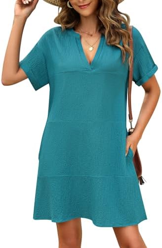 AI'MAGE Women's Cover Up Short Sleeve Bathing Suit Cover Ups V Neck Beach Coverup Dress with Pockets