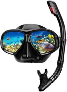 Snorkeling Gear for Adults, Snorkel Mask Adult Set Wide View Scuba Mask Anti-Leak and Anti-Fog Tempered Glass Lens Dry Top Mask Nose Cover for Youth (Black)