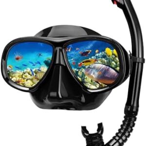 Snorkeling Gear for Adults, Snorkel Mask Adult Set Wide View Scuba Mask Anti-Leak and Anti-Fog Tempered Glass Lens Dry Top Mask Nose Cover for Youth (Black)