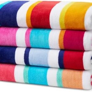 Kaufman - Joey Velour Colored Classic Multi-Color Stripe Beach & Pool Towel - Large 100% Combed Cotton Beach Towel - Soft & Absorbent Colorful Towels - 30" x 60" - 4 Pack