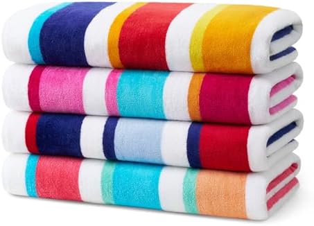 Kaufman - Joey Velour Colored Classic Multi-Color Stripe Beach & Pool Towel - Large 100% Combed Cotton Beach Towel - Soft & Absorbent Colorful Towels - 30" x 60" - 4 Pack