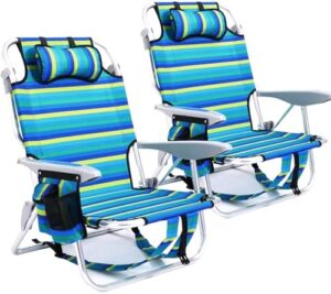 2 Pack Lightweight Portable Camping Beach Chair for Adults, Outdoor Lay Flat Folding Beach Chairs with 5 Positions, Backpack Beach Chair with Towel Bar, Zipper Pouch, Cup Holder, Ocean Striped
