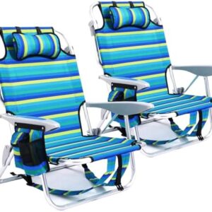 2 Pack Lightweight Portable Camping Beach Chair for Adults, Outdoor Lay Flat Folding Beach Chairs with 5 Positions, Backpack Beach Chair with Towel Bar, Zipper Pouch, Cup Holder, Ocean Striped