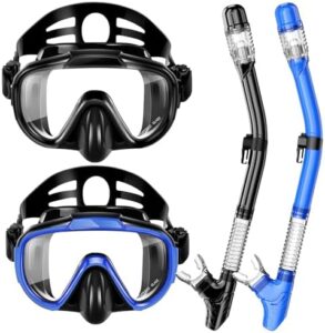 Snorkeling Gear for Adults, Dry Top Snorkel Set with Panoramic Anti-Leak and Anti-Fog Tempered Glass Lens, Adjustable Snorkeling Set for Scuba Diving Swimming Training Snorkel Kit