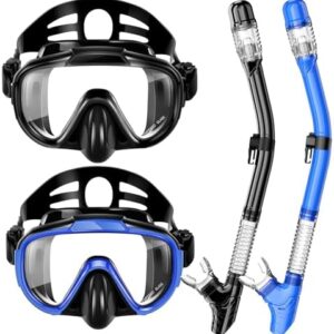 Snorkeling Gear for Adults, Dry Top Snorkel Set with Panoramic Anti-Leak and Anti-Fog Tempered Glass Lens, Adjustable Snorkeling Set for Scuba Diving Swimming Training Snorkel Kit
