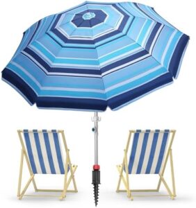 7ft Heavy Duty High Wind Beach Umbrella Parasols with sand anchor & Tilt Sun Shelter, UV 50+ Protection Outdoor Sunshade Umbrellas Carry Bag for Patio Garden Pool Backyard Stripe Blue
