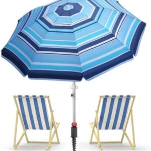 7ft Heavy Duty High Wind Beach Umbrella Parasols with sand anchor & Tilt Sun Shelter, UV 50+ Protection Outdoor Sunshade Umbrellas Carry Bag for Patio Garden Pool Backyard Stripe Blue