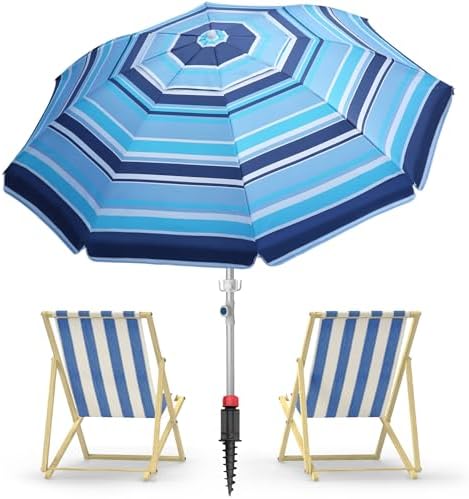 7ft Heavy Duty High Wind Beach Umbrella Parasols with sand anchor & Tilt Sun Shelter, UV 50+ Protection Outdoor Sunshade Umbrellas Carry Bag for Patio Garden Pool Backyard Stripe Blue