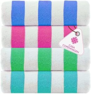 CASA COPENHAGEN Cabana Beach Towels Designed in Denmark Rough and Tough, Quick Dry, for Pool, Bath & Shower 30x60 inches 4 Pieces Cotton Beach Bath Towels Set - Turquoise,Royal Blue,Pink,Green