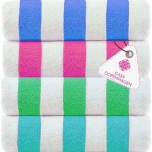 CASA COPENHAGEN Cabana Beach Towels Designed in Denmark Rough and Tough, Quick Dry, for Pool, Bath & Shower 30x60 inches 4 Pieces Cotton Beach Bath Towels Set - Turquoise,Royal Blue,Pink,Green