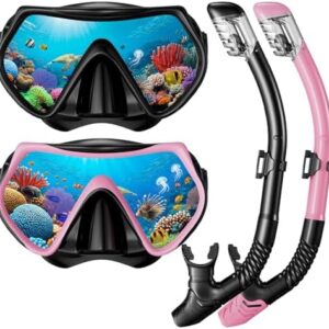 Snorkeling Gear for Adults Men Women, Dry-Top Snorkel Set Scuba Diving Mask, 180° Panoramic Wide View, Professional Breathing Freely Snorkel Goggles Kit with Nose Cover for Snorkeling Swimming, Travel