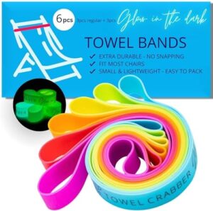 Towel Bands (6-Pack), Beach Pool & Cruise Chairs, Extra Durable, No Snapping, Cruise Ship & Beach Essentials, Great Alternative to Beach Towel Clips (3 Regular + 3 Glow in The Dark
