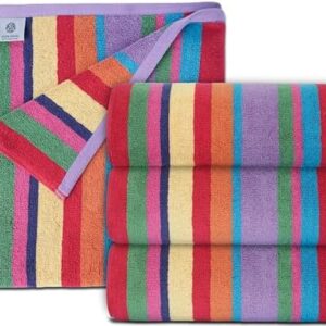 White Classic Cotton Beach Towels Oversized 30 x 60 Inches, Ultra Absorbent and Low Lint Striped Pool Towels for Adults, Unique Rainbow Design Luxury Extra Large Bath Towels, 4 Pack