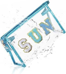 COSHAYSOO Clear Makeup Bag Sunscreen Pouch Beach Vacation Essentials Waterproof Summer Stuff Travel Toiletry Purse for Women Teen Girl Personalized Easter Gifts with Preppy Chenille Letter Blue SUN