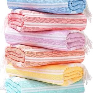Genovega 6 Oversized Cotton Turkish Beach Bath Towel Set Bulk 74"x38" Extra Large Sand Free Quick Dry Swimming Camping Pool Clearance Towels Blanket Essentials Adult Multi LightBlue Rhombus