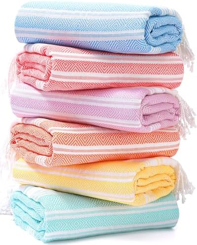 Genovega 6 Oversized Cotton Turkish Beach Bath Towel Set Bulk 74"x38" Extra Large Sand Free Quick Dry Swimming Camping Pool Clearance Towels Blanket Essentials Adult Multi LightBlue Rhombus