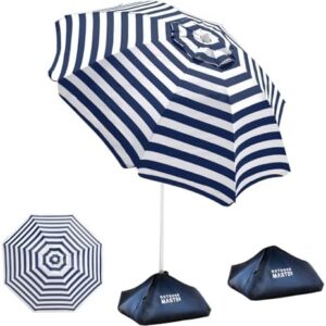 OutdoorMaster Beach Umbrellas for Sand with Sandbag & Anchor, 6.5ft Adjustable Umbrella for Beach Heavy Duty Wind, Portable UPF50+ Sunshade with Carry Bag for Patio, Navy Striped