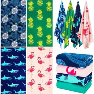 4 Packs Oversized Thin Beach Towel Set, XL Extra Large Big 36 x 72 in Clearance Swim Travel Towels Soft Blanket for Adult Women Men Lounge Chair Cover Accessories Essentials Blue Shark Pink Flamingos
