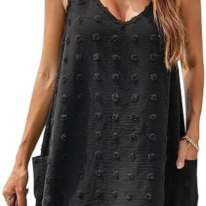 Blooming Jelly Womens Casual Sun Summer Dresses Swiss Polka Dot Beach Cover Up V Neck Tank Dress with Pockets