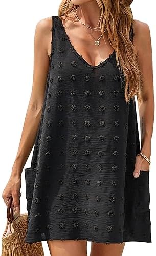 Blooming Jelly Womens Casual Sun Summer Dresses Swiss Polka Dot Beach Cover Up V Neck Tank Dress with Pockets