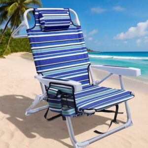 GVDV Backpack Beach Chairs for Adults, Portable Lay Flat Folding Chair with Cup Holder and Towel Bars, 4-Position Adjustable Reclining Chair for Beach, Camp, Outdoor